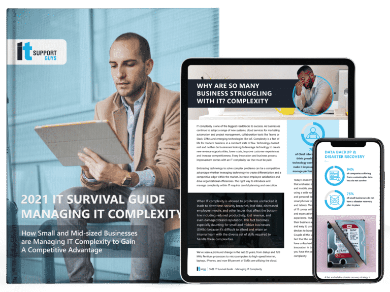 IT Support Guys' IT Survival Guide, shown in print form, on an iPad, and on an iPhone