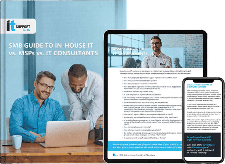 SMB Guide to In-House IT vs. MSPs vs. IT Consultants Guide eBook mockup