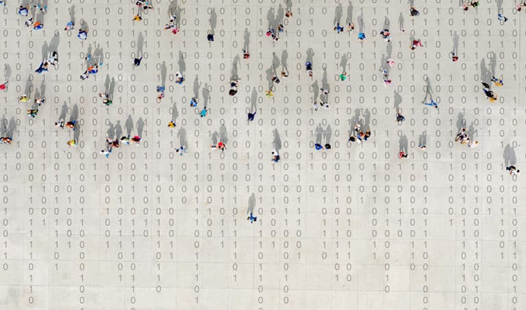 A data privacy concept illustration with people show walking across binary code.