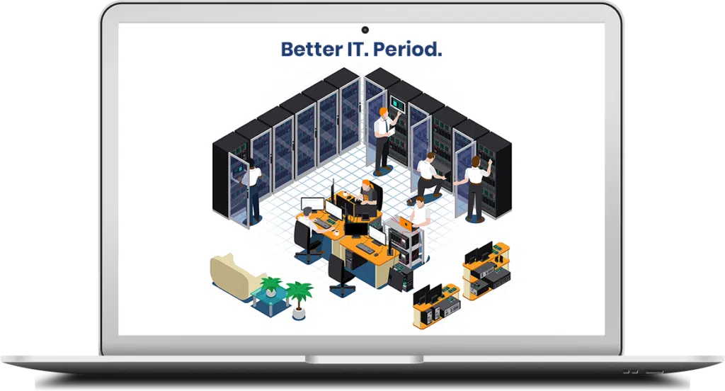 Managed IT isometric illustration showing a team of IT professionals working within an IT department, with server racks, an IT help desk technician, and a computer peripherals storage area.