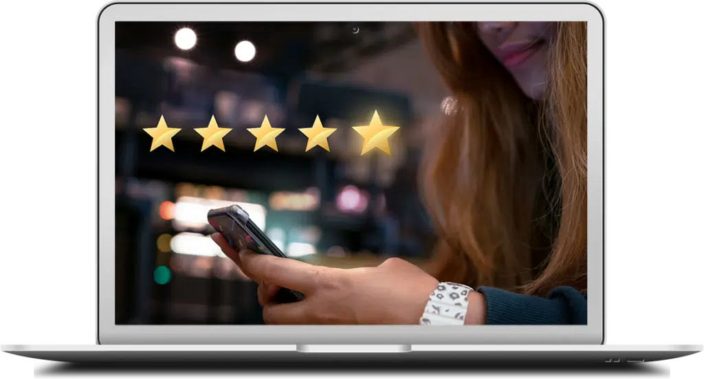Millennials expect easy to use, free, wifi services from the hospitality industry. A young woman is seen submitting a 5 star review for business on her smartphone.