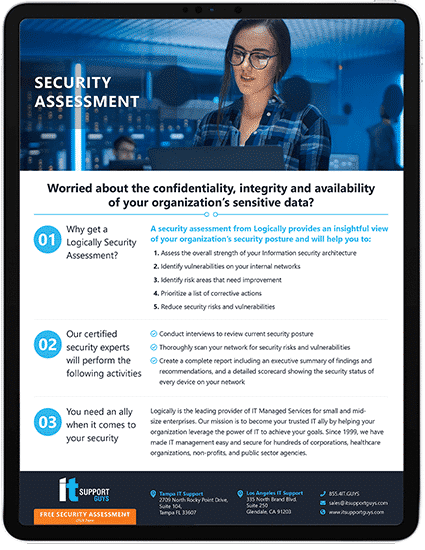 Security Assessment and Roadmap solution brief mockup of IT Support Guys' cybersecurity and vulnerability assessment services for managed IT services shown on an iPad.