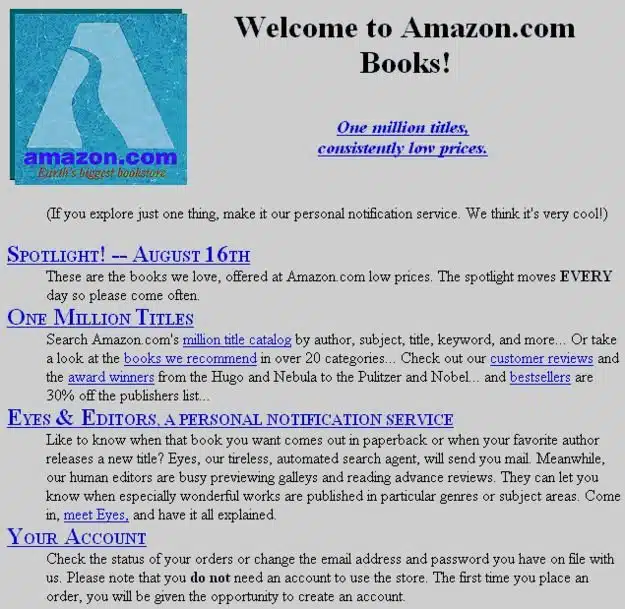An early screenshot of Amazon.com's webpage