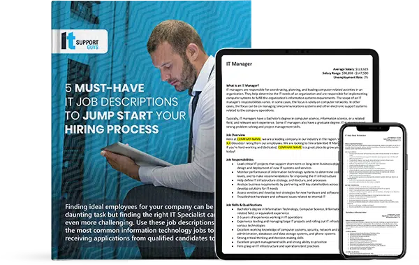 ITSG's guide, 5 Must-Have IT Job Descriptions to Jump Start Your Hiring Process, shown in print form, as well as on an iPad and an iPhone.