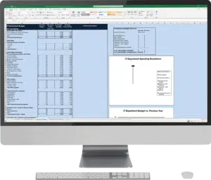 A computer monitor displaying IT Support Guys' IT Department Budget Spreadsheet