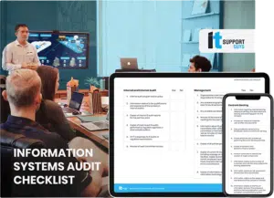 ITSG's information systems audit checklist shown in print form, as well as on an iPad and iPhone.