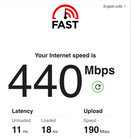 Screenshot of Fast.com speed test
