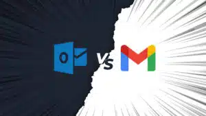 A graphic showing Outlook vs Gmail with each's logo side by side