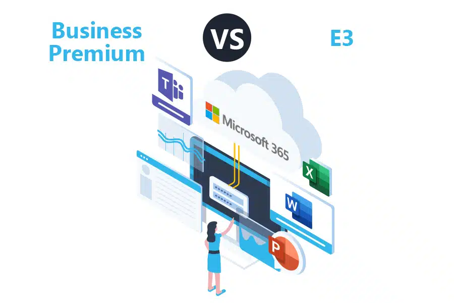 A design depicting Microsoft 365 Business Premium vs E3