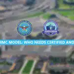 The words "The CMMC Model: Who needs certified and how?" overlaid on a photo of the Pentagon.