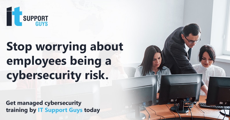 A banner asking employers to consider cybersecurity training for employees, managed by IT Support Guys.