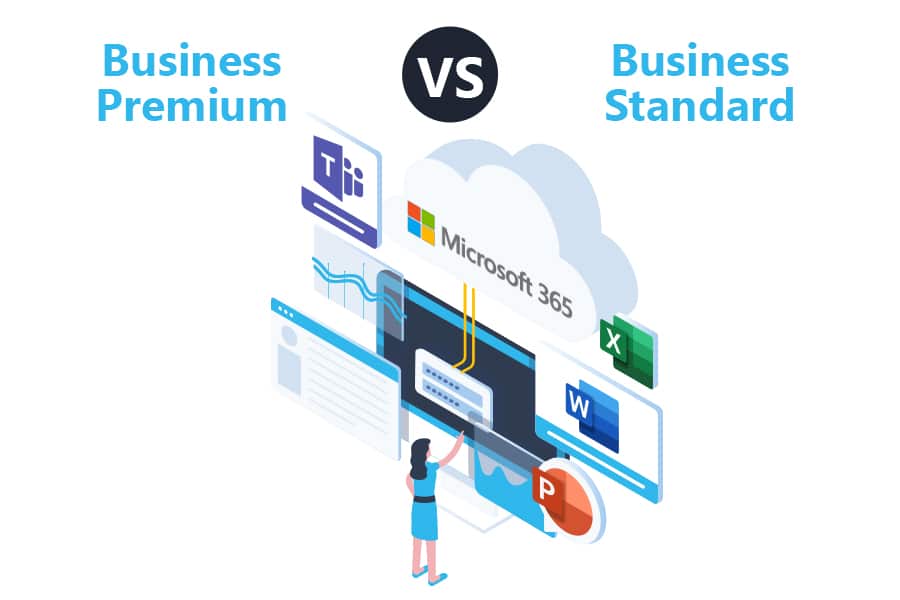 A graphic depicting Microsoft 365 Business Premium vs Business Standard