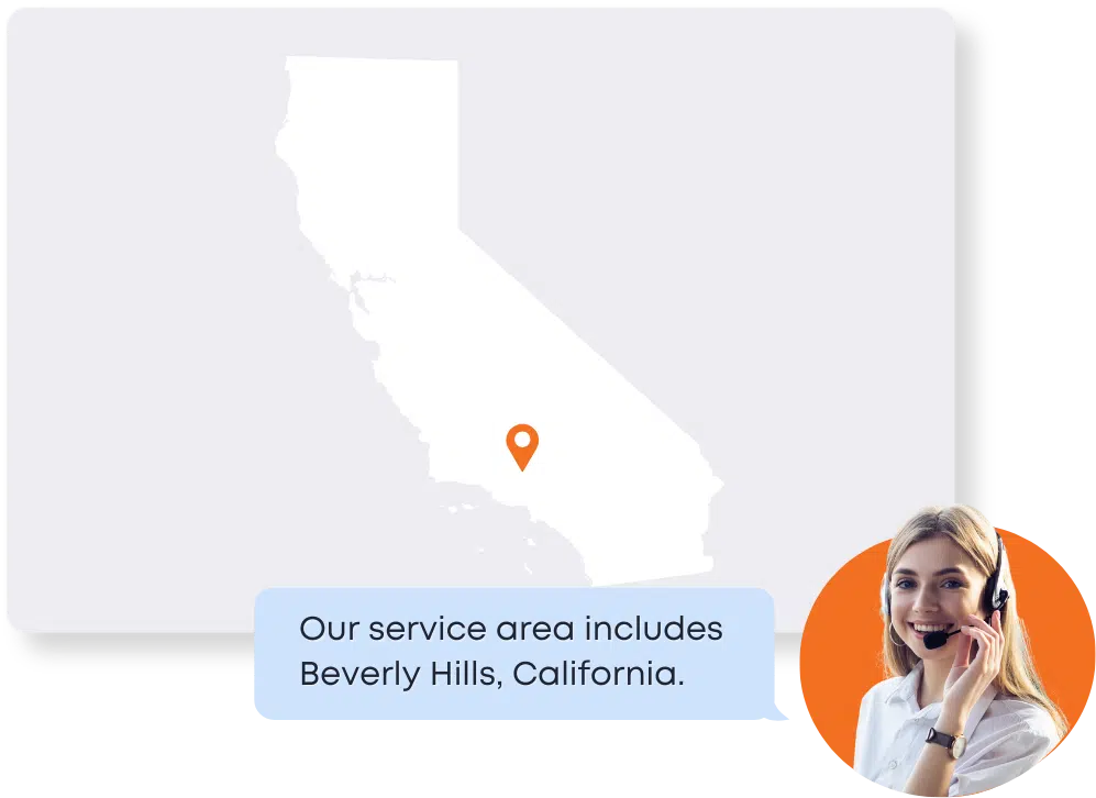 California map with a location tag pointing to Beverly Hills, California. A woman is smiling while wearing headphones with a speech bubble stating, "Our service area includes Beverly Hills, California."