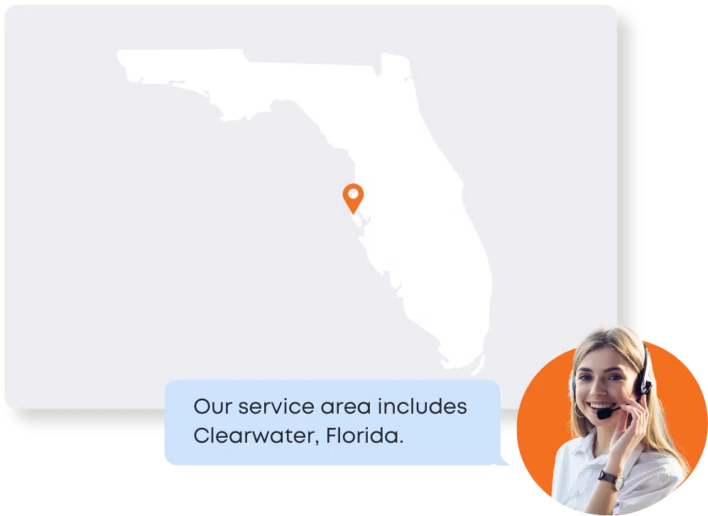 Florida map with a location tag pointing to Clearwater, Florida. A woman is smiling while wearing headphones with a speech bubble stating, "Our service area includes Clearwater, Florida."