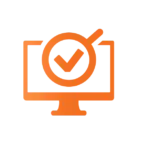 Orange icon. Check mark on computer monitor.