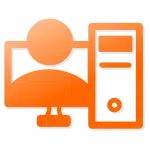 Orange icon of user workstations and monitors. IT user and workstation setup services.