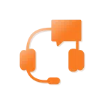 Orange icon. It services and help desk support. Headset and text bubble.