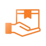 Orange icon. IT support and services. Person giving present.