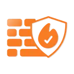 Orange icon. IT support and services. Next generation firewall cybersecurity setup.