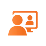 Orange icon. It support and services. Zero network services. People talking on webcam.