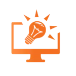 Orange icon. Lightbulb and computer monitor. Tech resolutions and support.