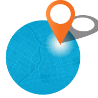 Blue map with orange location marker.